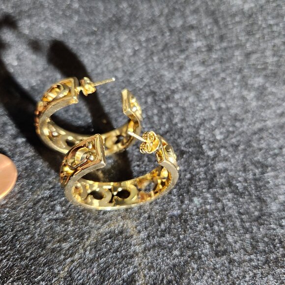 Pair of COACH Signature C openwork Logo pierced Open Hoop gold tone earrings - Picture 4 of 9